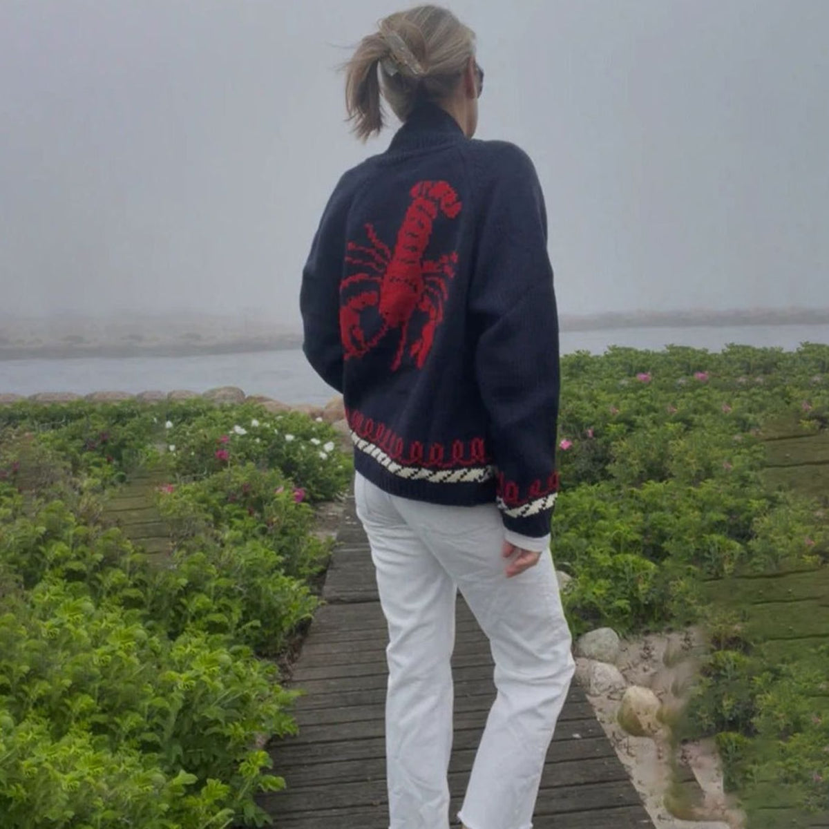 Women's Oversized Chunky Knit Cardigan Nautical Whale Motif
