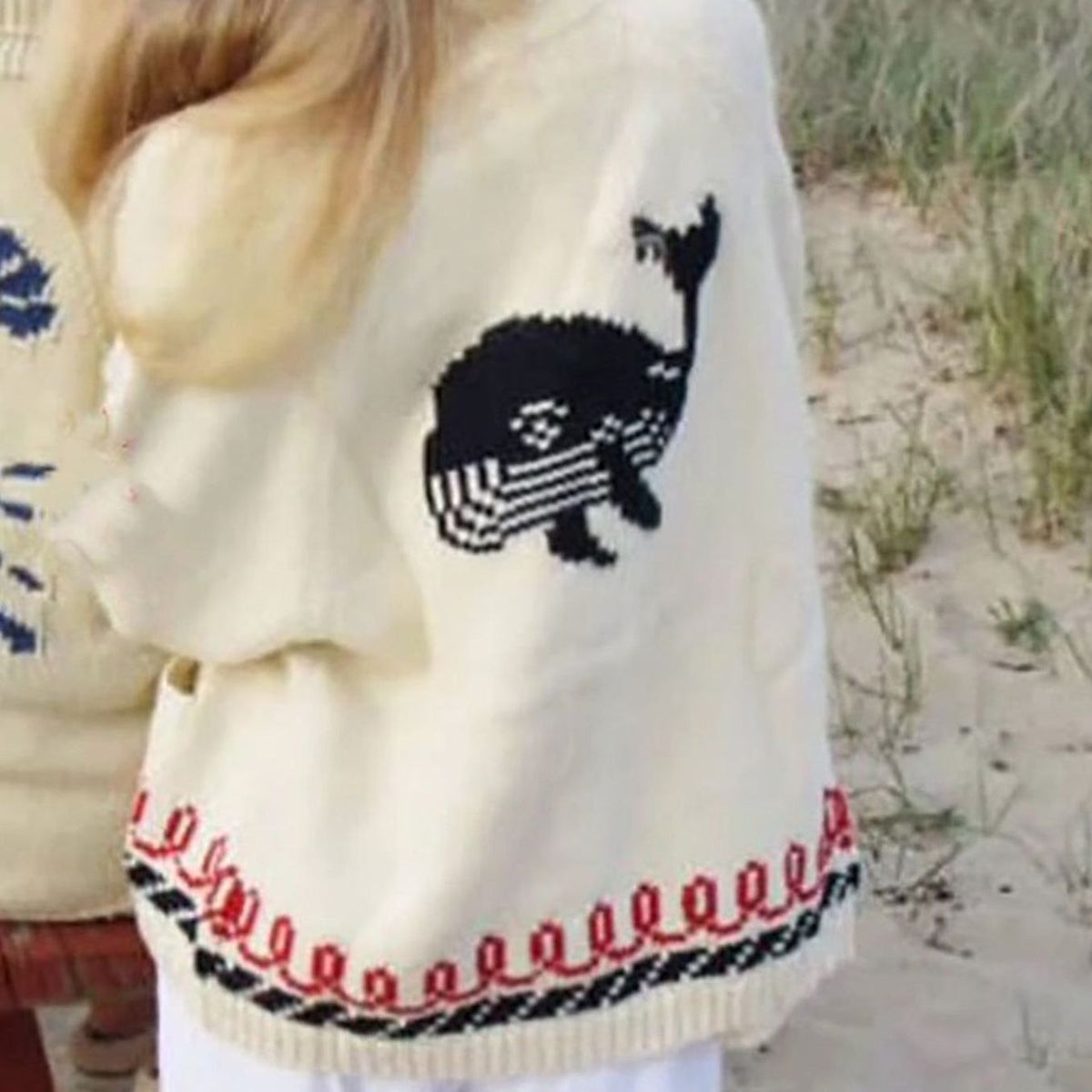 Women's Oversized Chunky Knit Cardigan Nautical Whale Motif