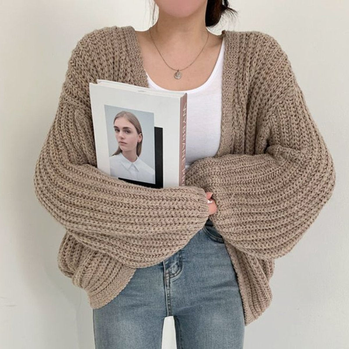 Women's Oversized Chunky Knit Open Front Cardigan Balloon Sleeves - Khaki