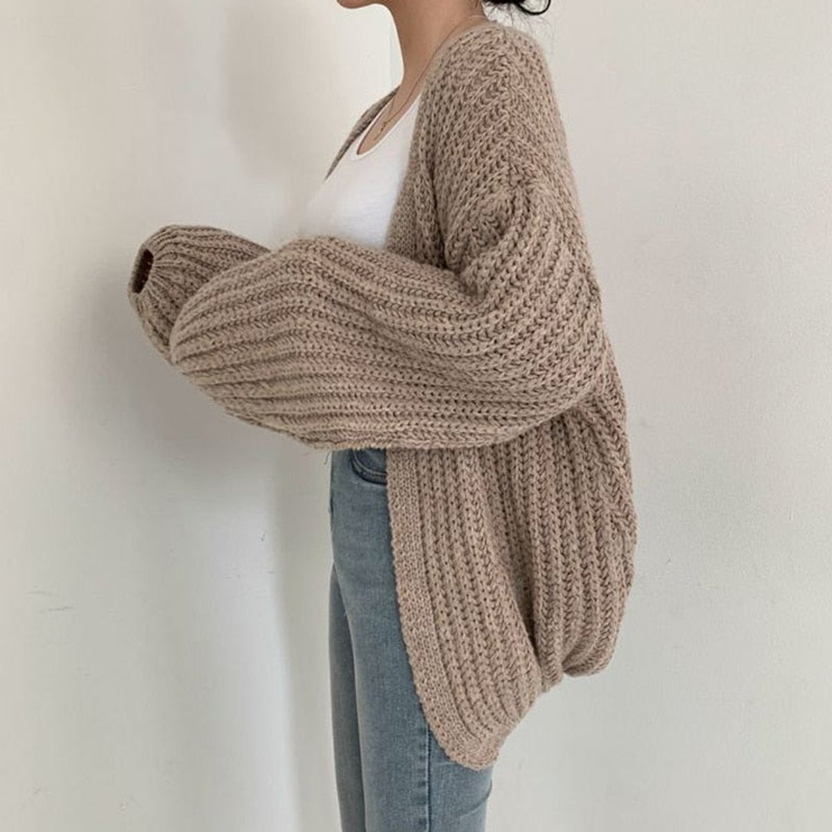 Women's Oversized Chunky Knit Open Front Cardigan Balloon Sleeves