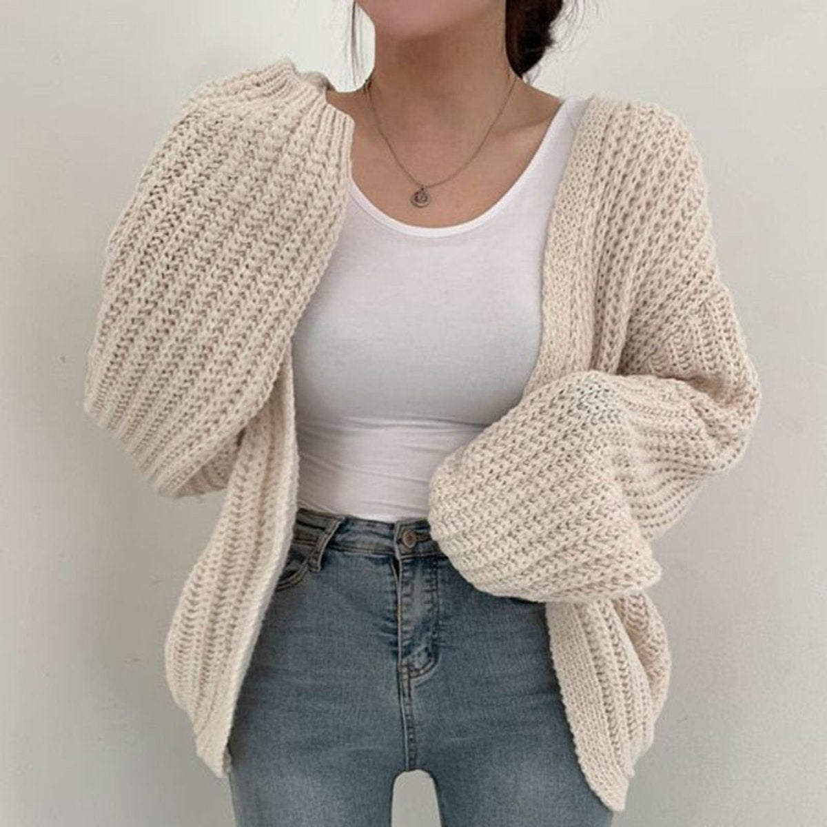Women's Oversized Chunky Knit Open Front Cardigan Balloon Sleeves - White