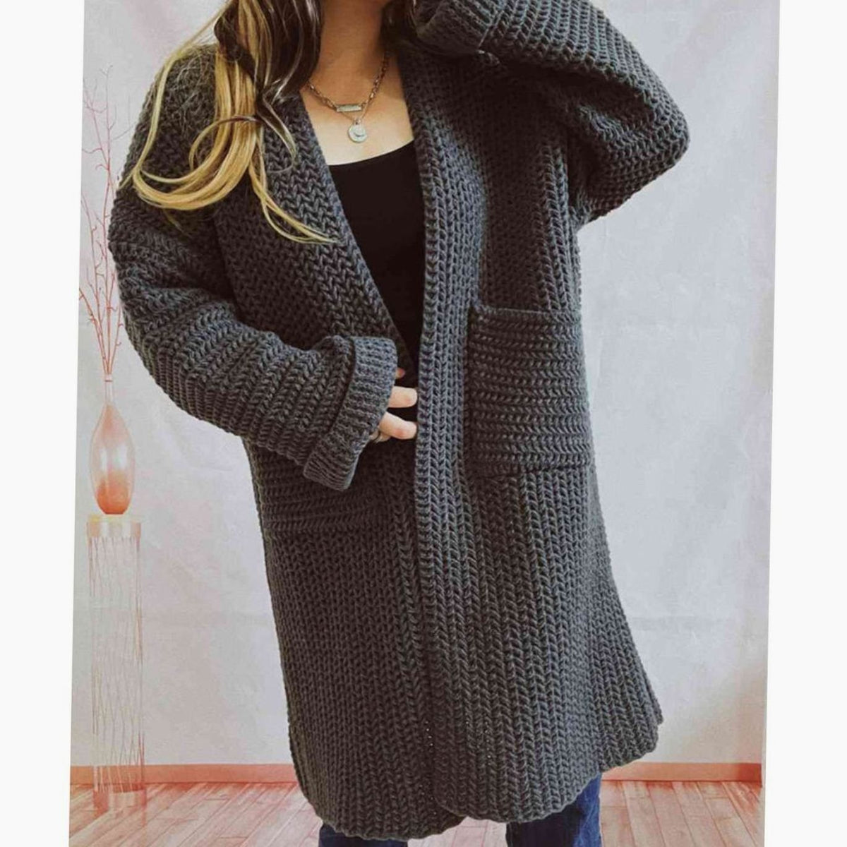 Women's Oversized Chunky Knit Open-Front Cardigan with Pockets - Charcoal