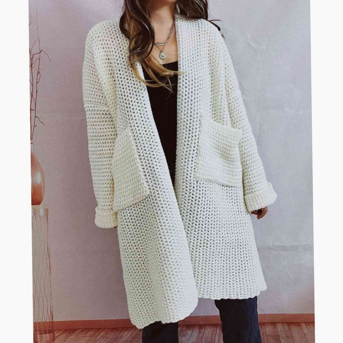 Women's Oversized Chunky Knit Open-Front Long Cardigan with Pockets