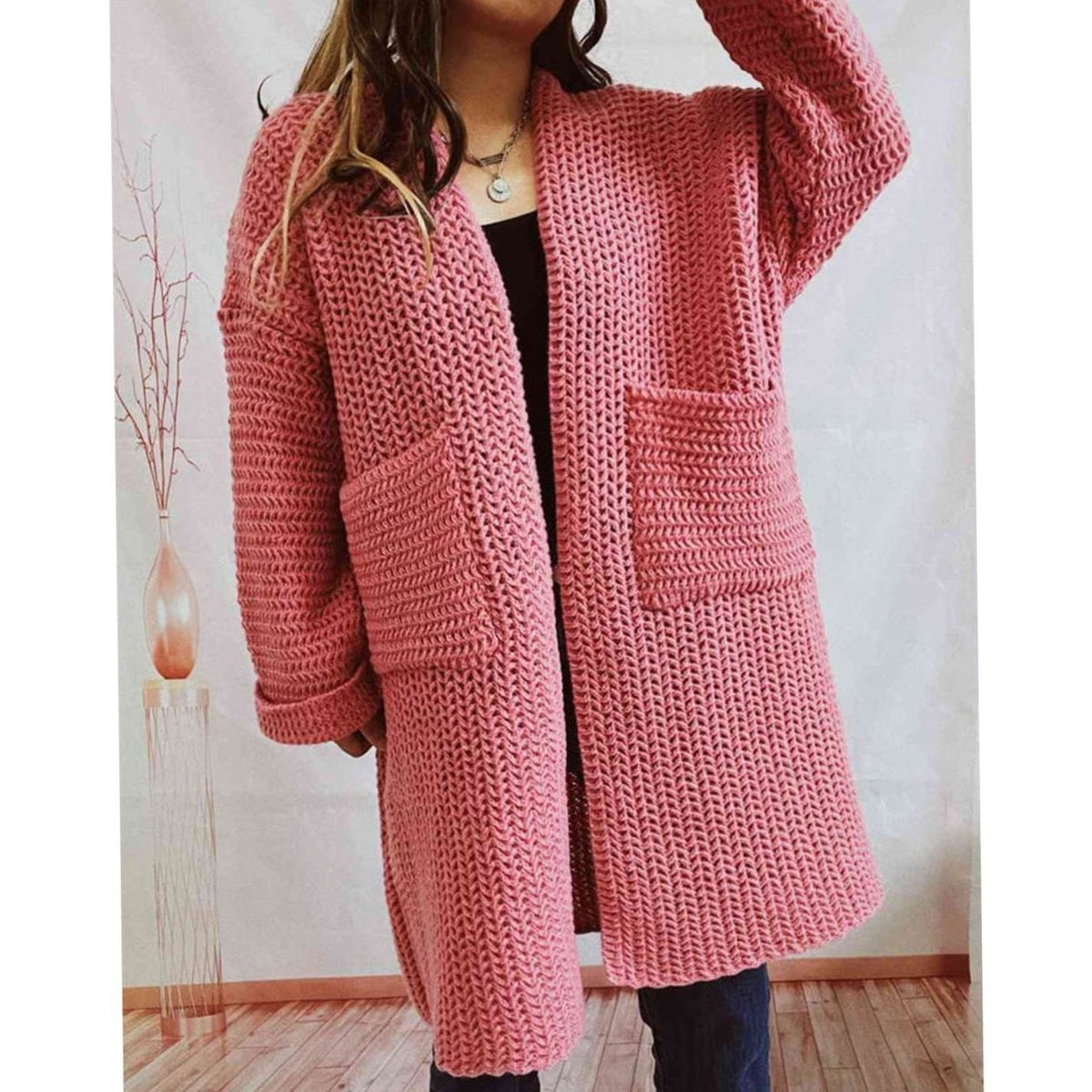 Women's Oversized Chunky Knit Open-Front Long Cardigan with Pockets