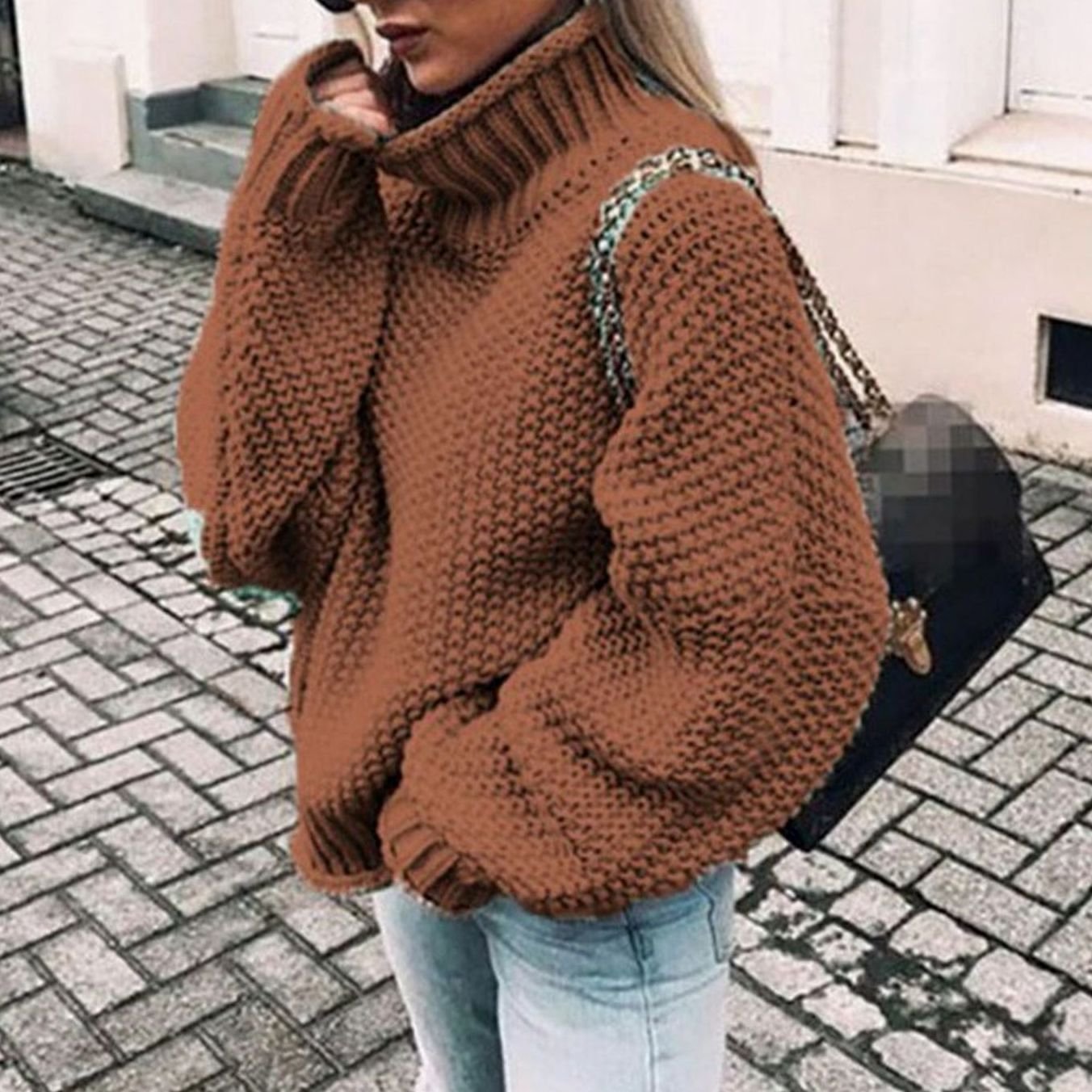 Women's Oversized Chunky Knit Turtleneck Sweater Jumper - Brown