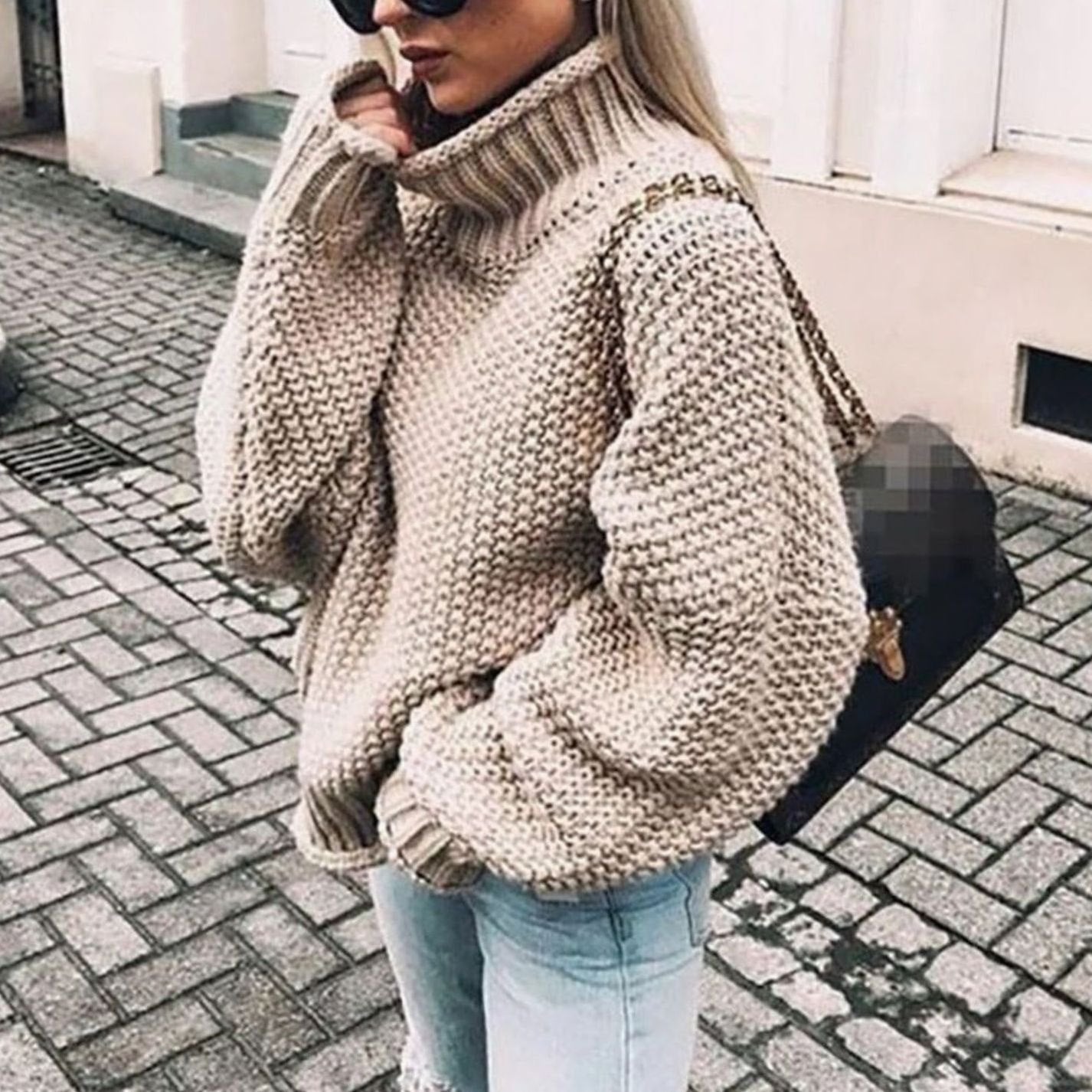 Women's Oversized Chunky Knit Turtleneck Sweater Jumper - Khaki
