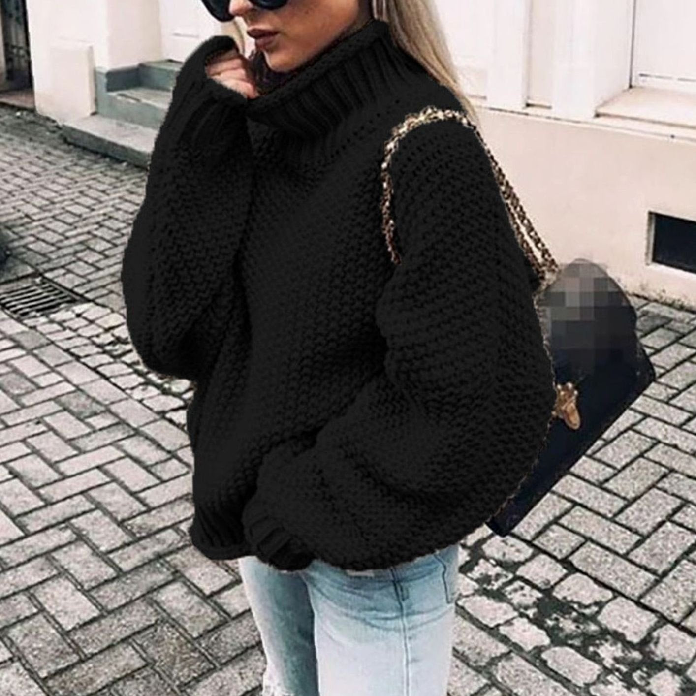 Women's Oversized Chunky Knit Turtleneck Sweater Jumper - Black