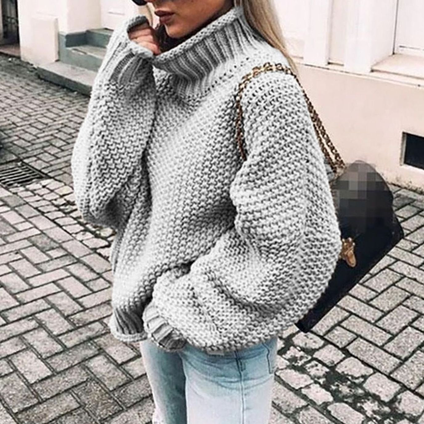 Women's Oversized Chunky Knit Turtleneck Sweater Jumper - Grey