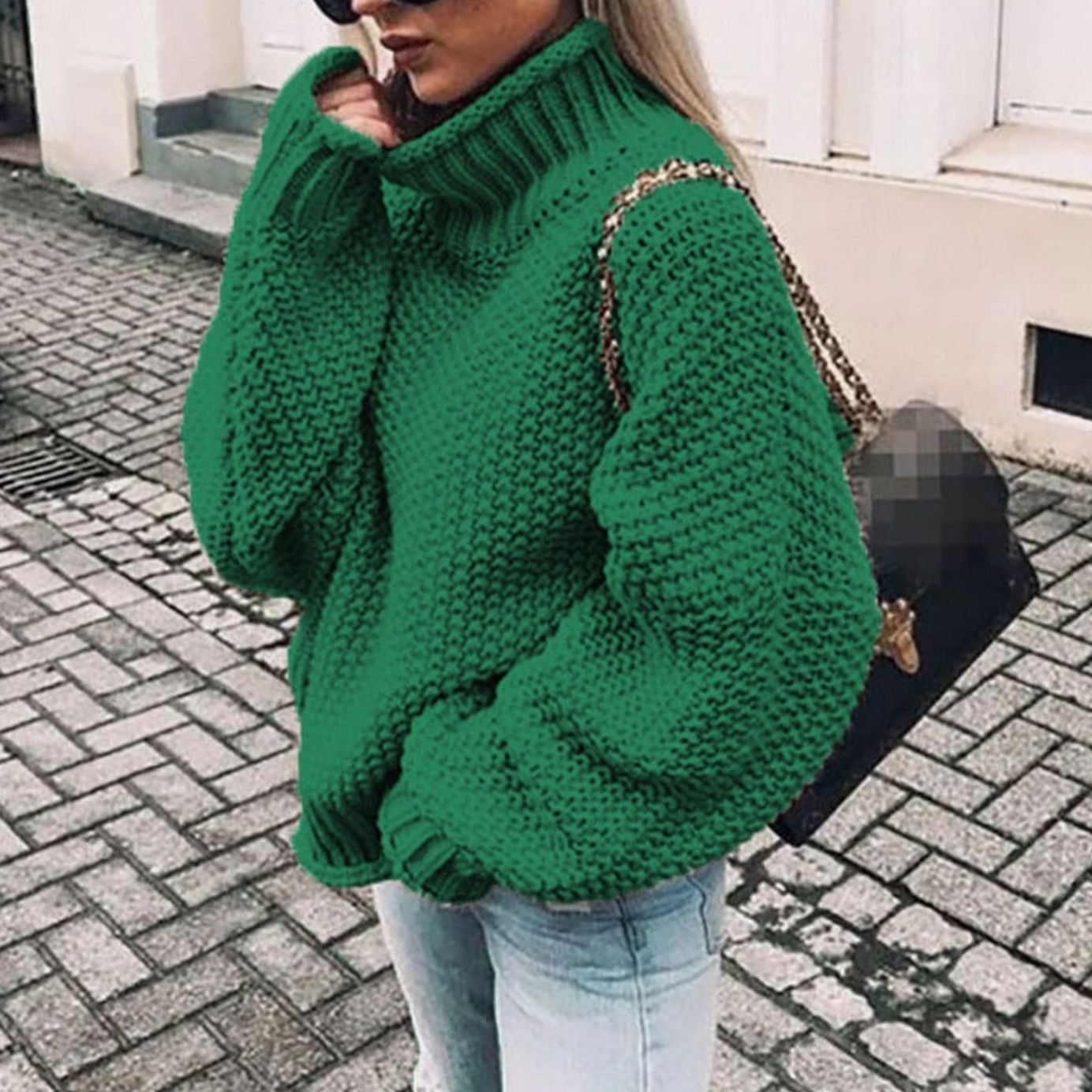 Women's Oversized Chunky Knit Turtleneck Sweater Jumper - Green