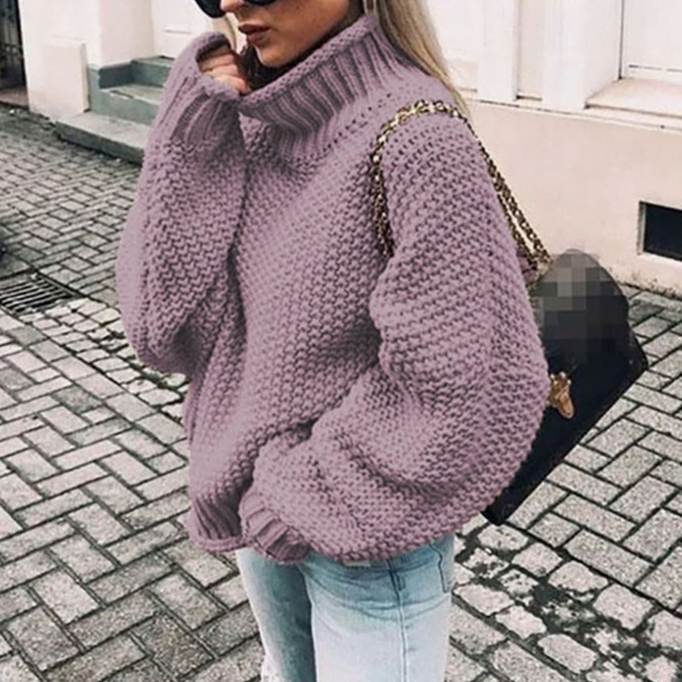 Women's Oversized Chunky Knit Turtleneck Sweater Jumper - Purple