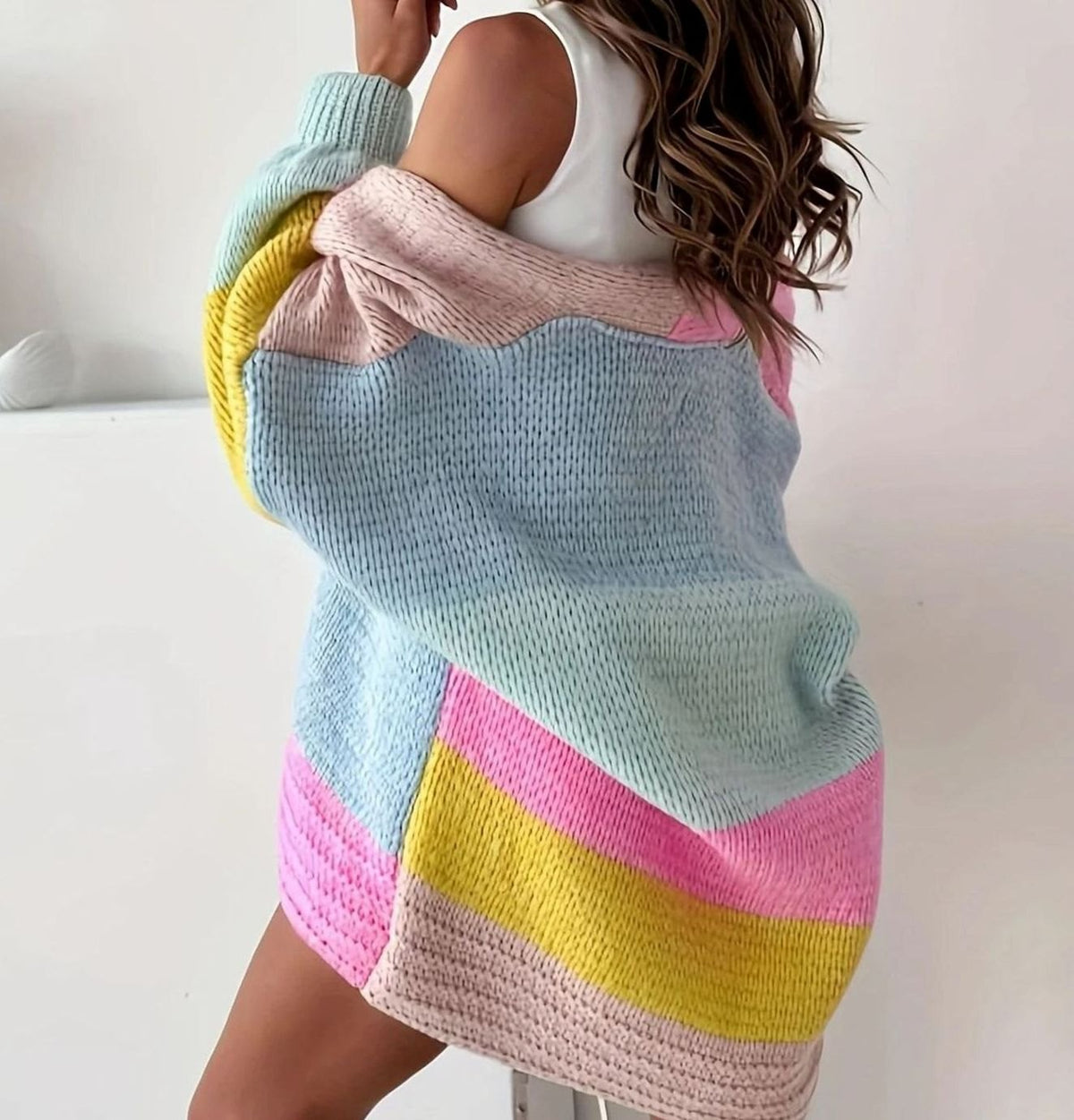 Women's Oversized Colour Block Knit Cardigan V-Neck Button Front