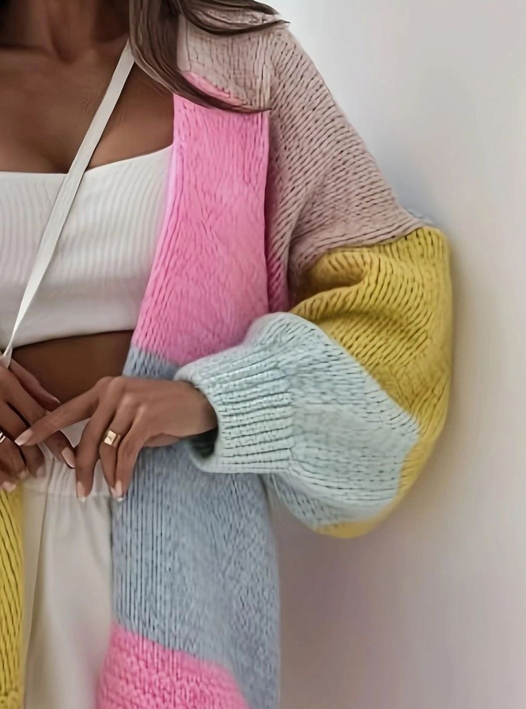 Women's Oversized Colour Block Knit Cardigan V-Neck Button Front
