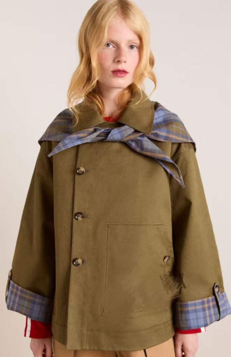 Women's Oversized Double-Breasted Tartan-Lined Trench Coat - Brown