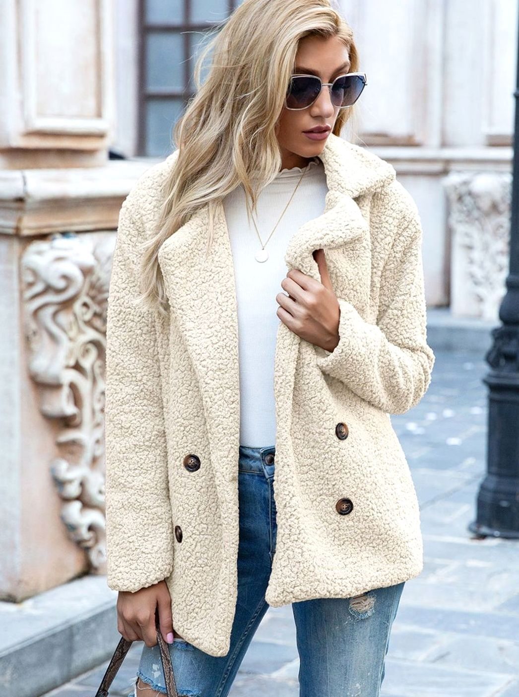 Women's Oversized Double-Breasted Teddy Coat with Pockets