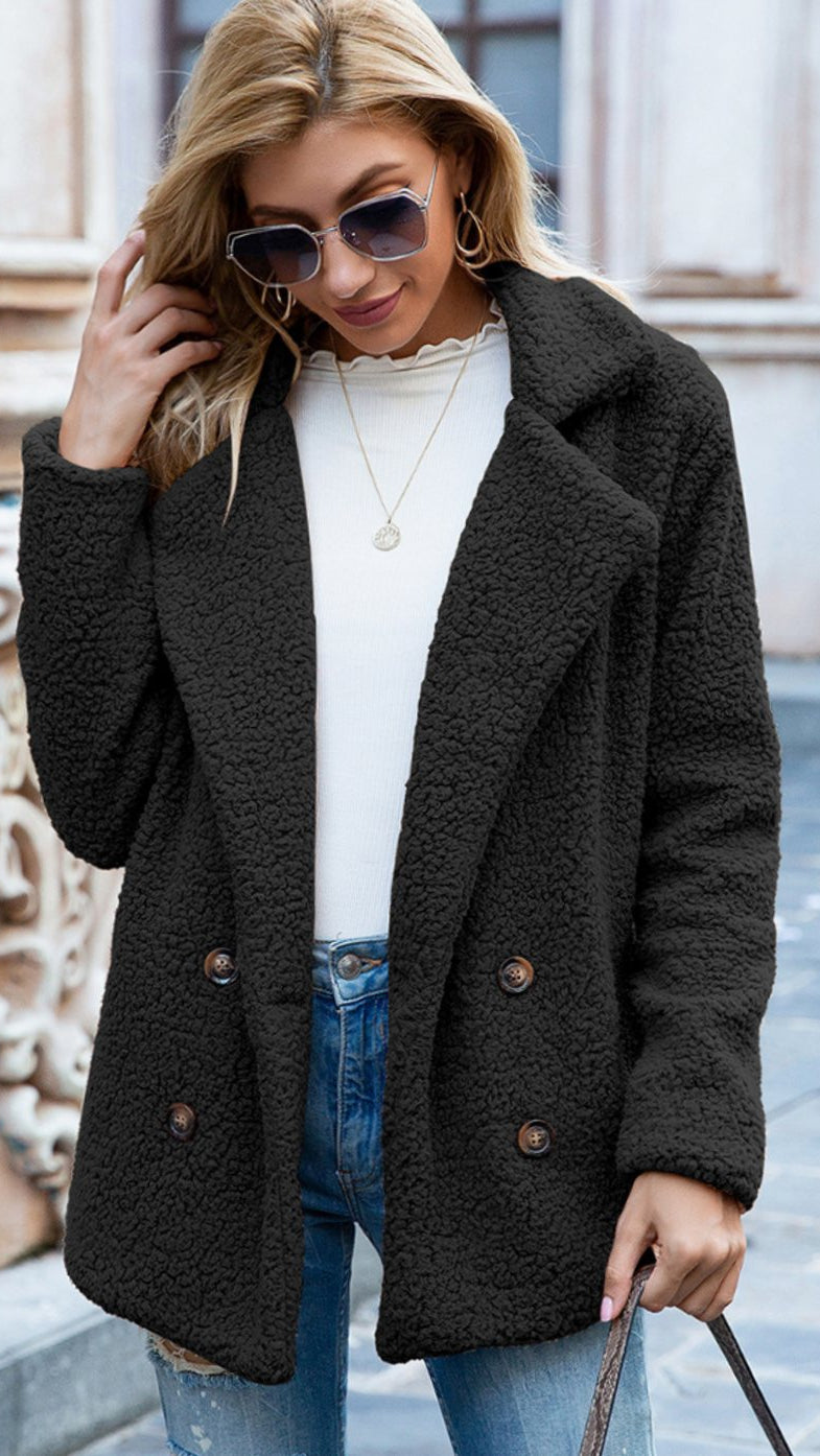 Women's Oversized Double-Breasted Teddy Coat with Pockets - Black