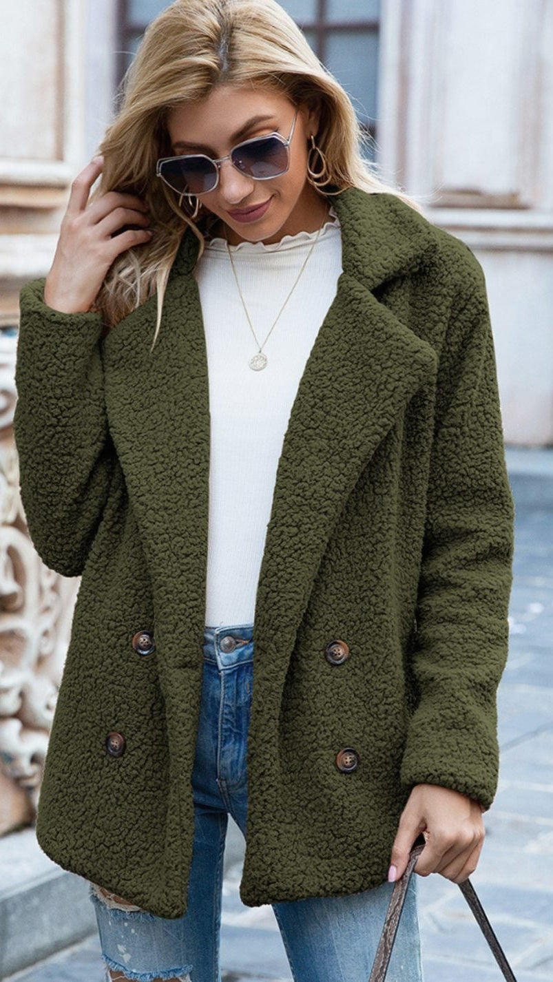 Women's Oversized Double-Breasted Teddy Coat with Pockets - Green