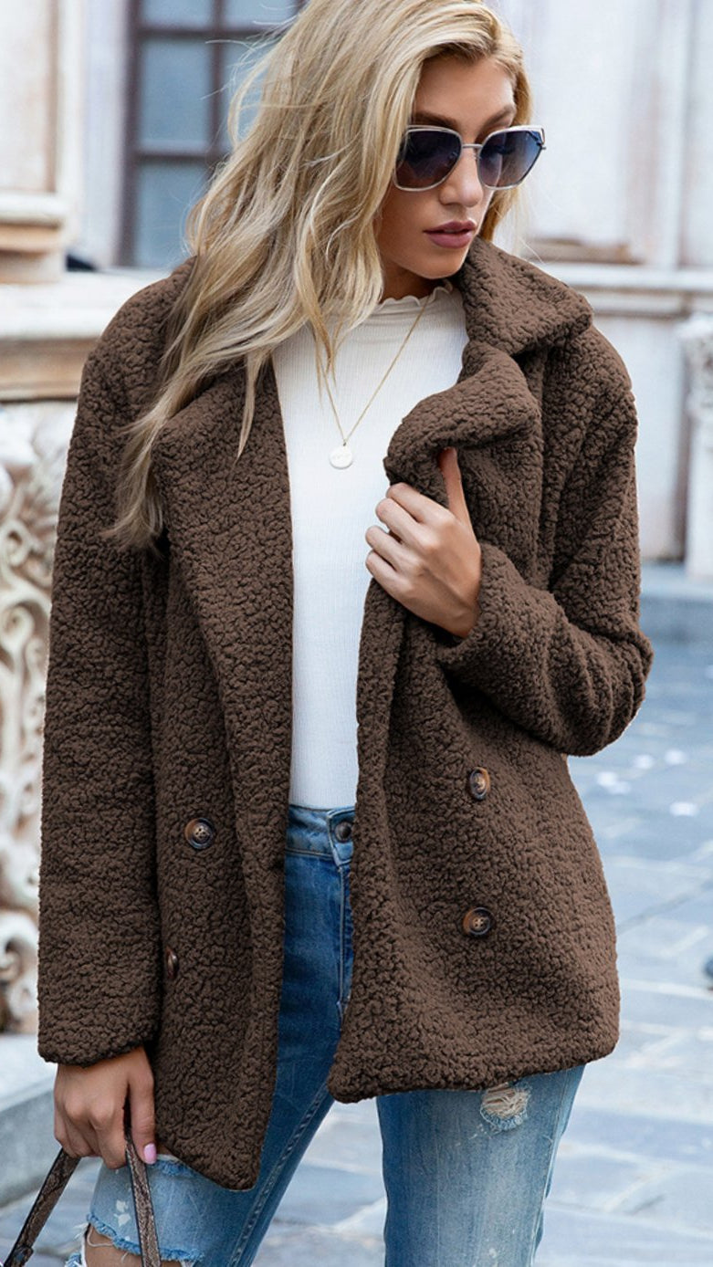 Women's Oversized Double-Breasted Teddy Coat with Pockets - Brown