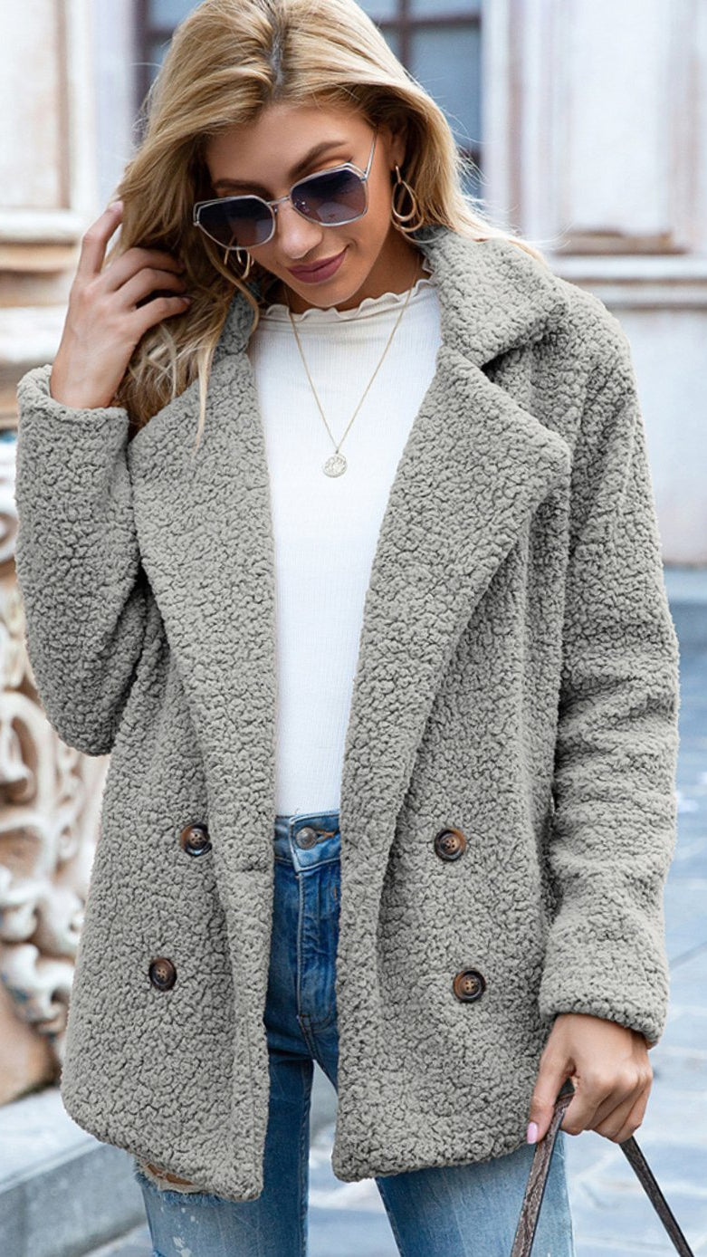 Women's Oversized Double-Breasted Teddy Coat with Pockets - Light Grey