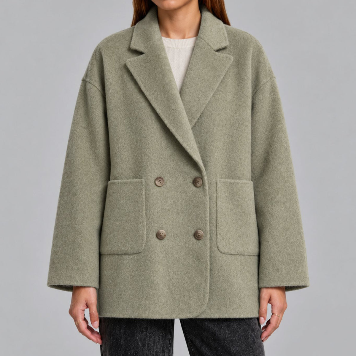 Women's Oversized Double-Breasted Wool Coat Lapel Collar - Green