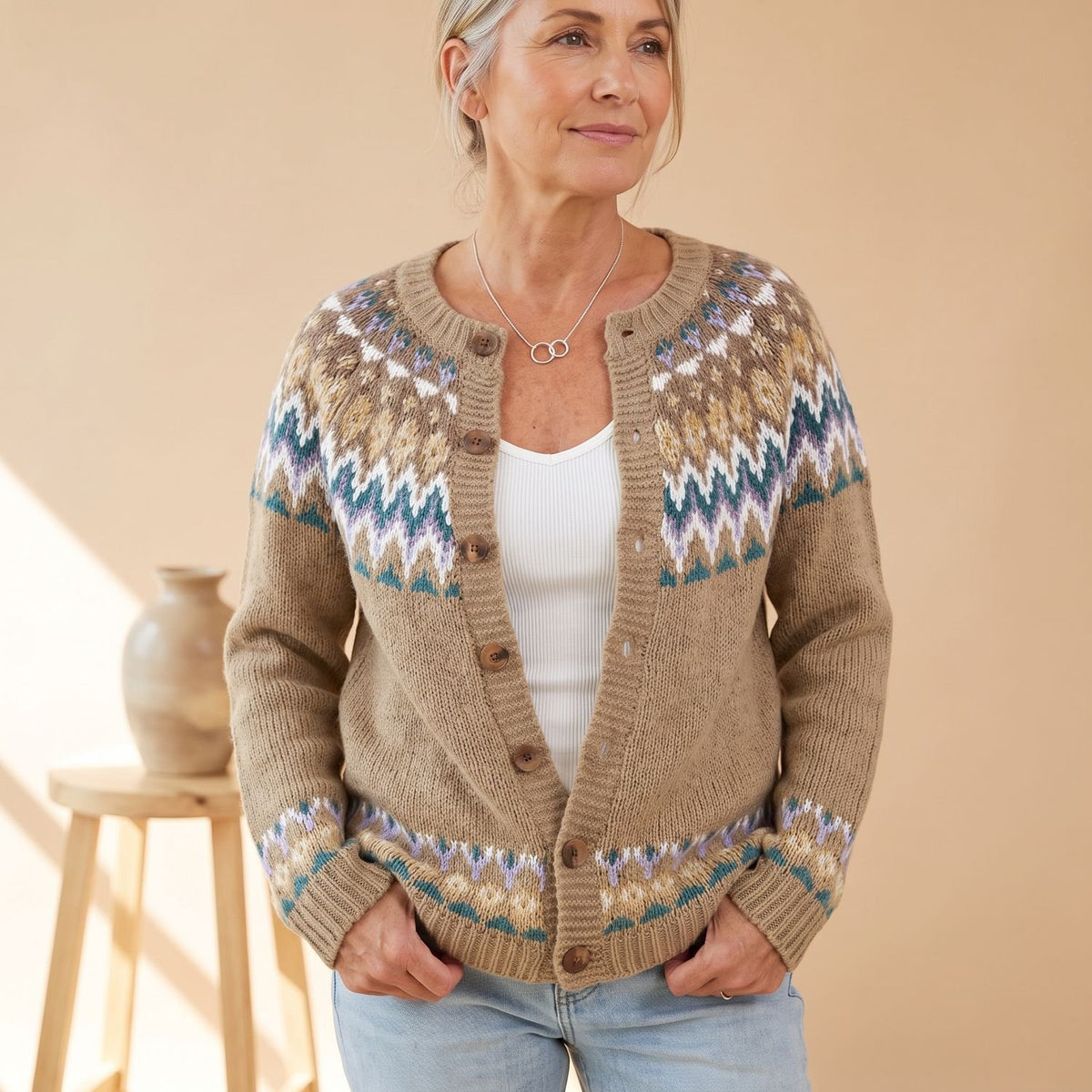 Women's Oversized Fair Isle Button-Front Knit Cardigan