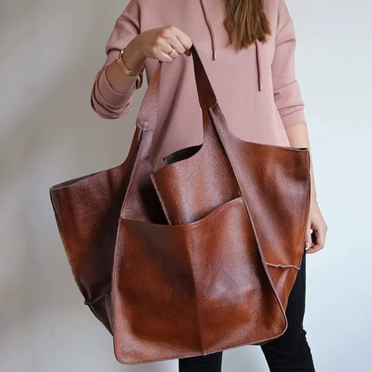 Women's Oversized Faux Leather Magnetic-Clasp Tote Bag