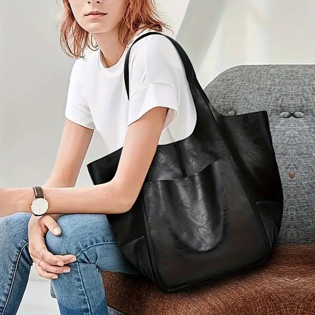 Women's Oversized Faux Leather Magnetic-Clasp Tote Bag