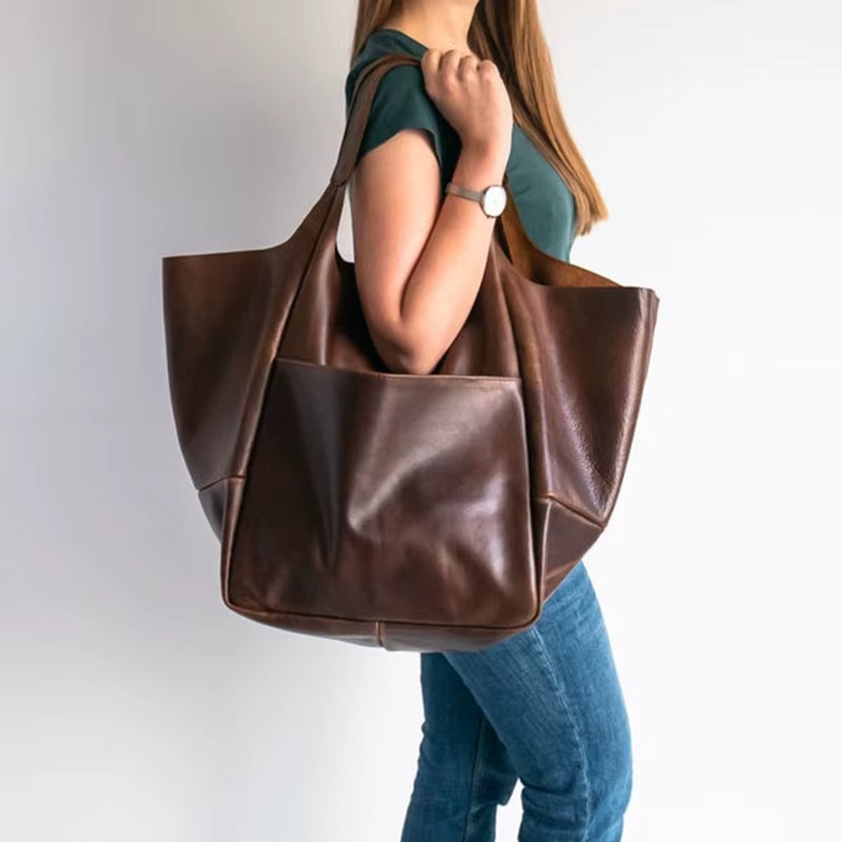 Women's Oversized Faux Leather Magnetic-Clasp Tote Bag