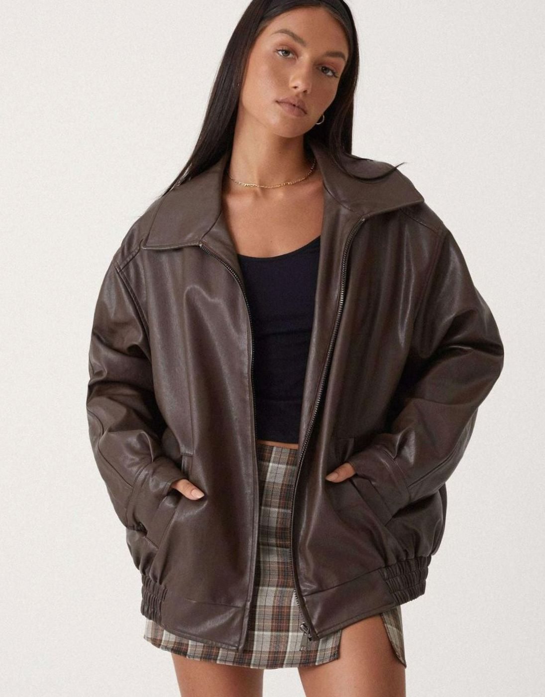Women's Oversized Faux Leather Zip-Up Bomber Jacket - Brown