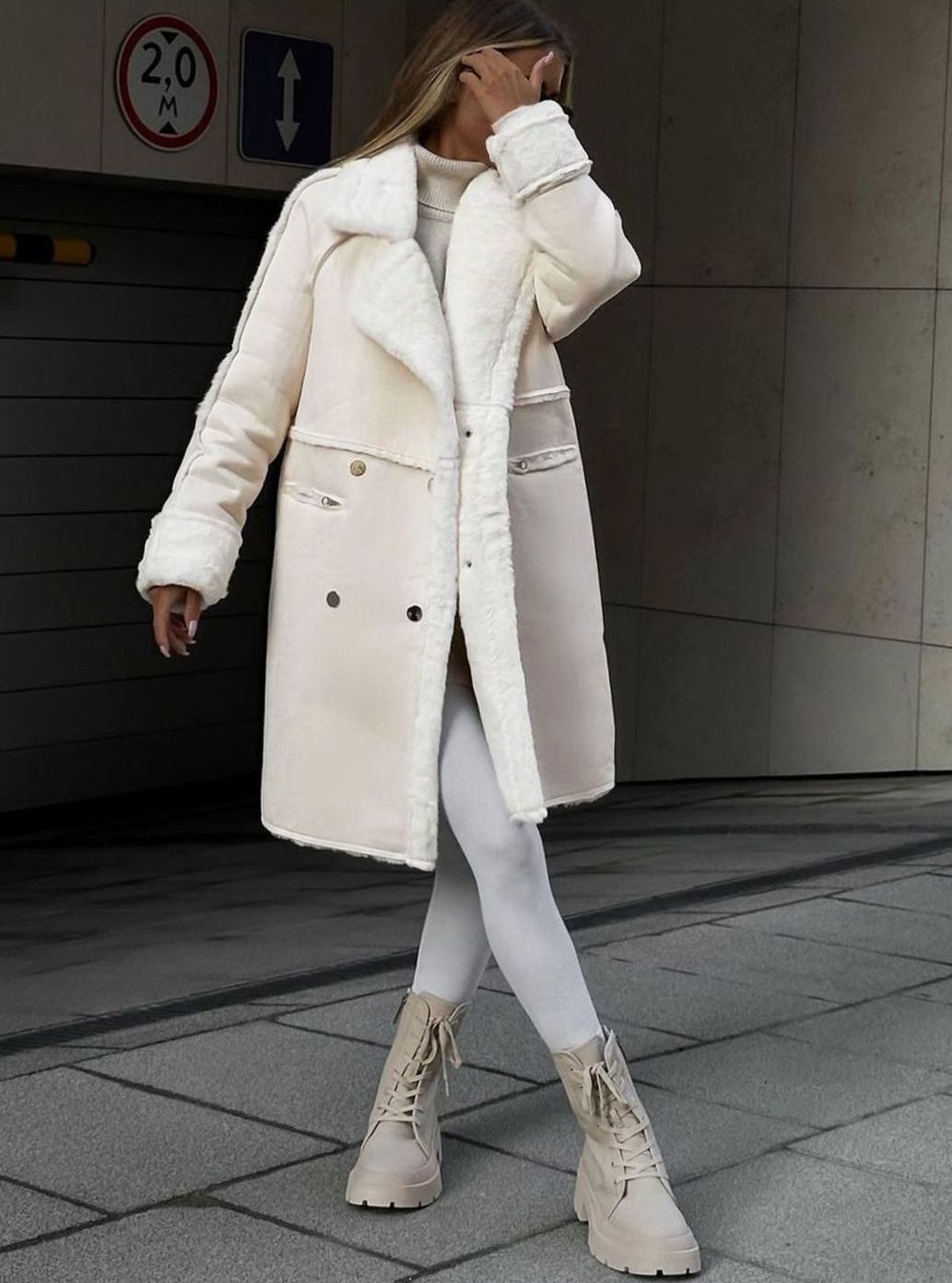 Women's Oversized Faux Shearling Double-Breasted Long Coat - Beige