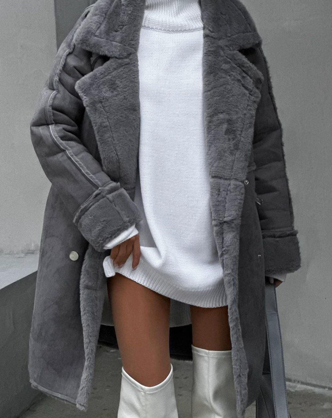 Women's Oversized Faux Shearling Double-Breasted Long Coat - Grey