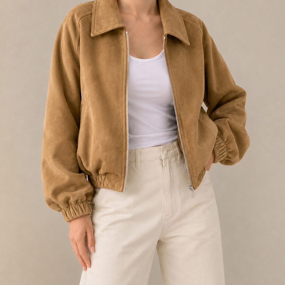Women's Oversized Faux Suede Cropped Zip Jacket - Camel