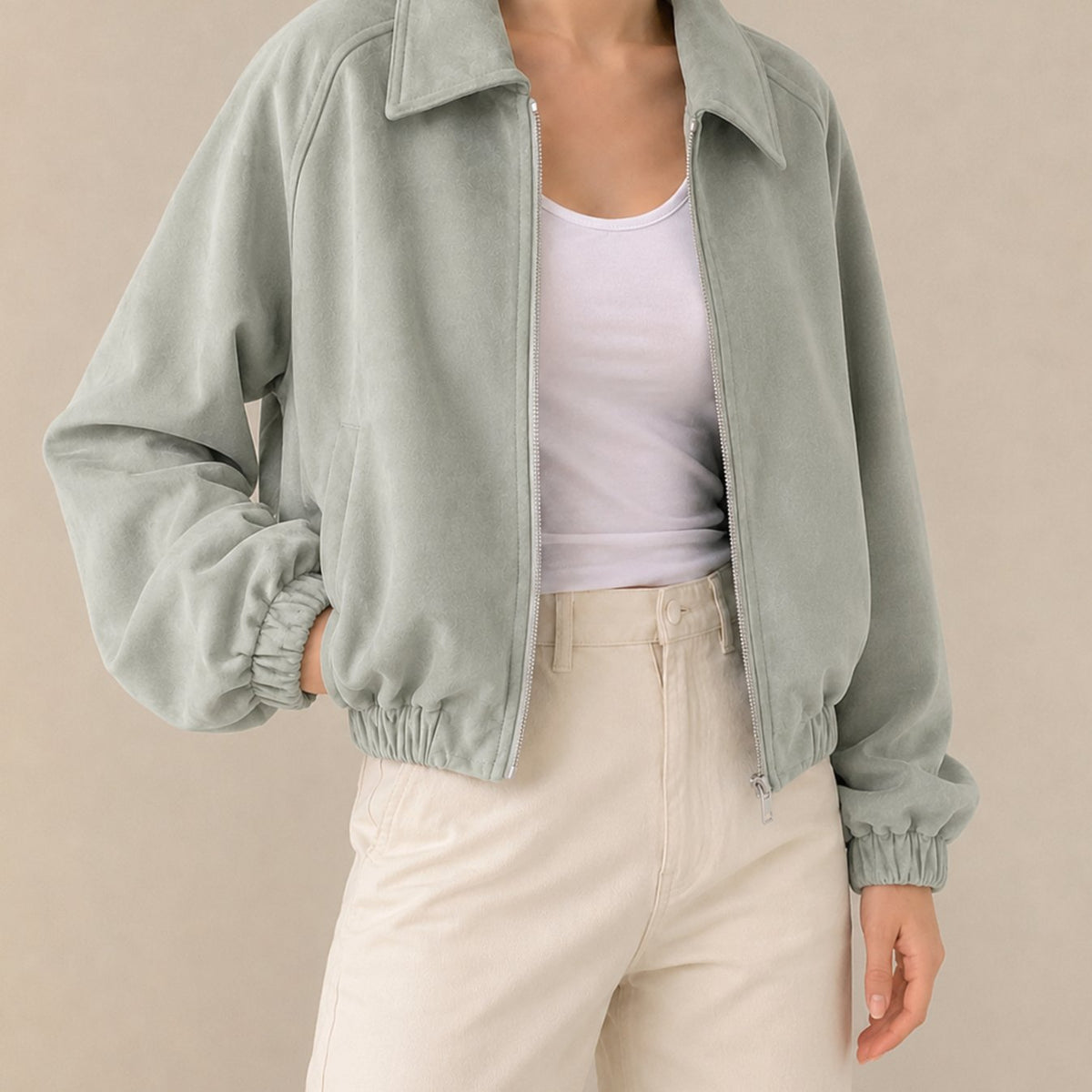 Women's Oversized Faux Suede Cropped Zip Jacket - Sage