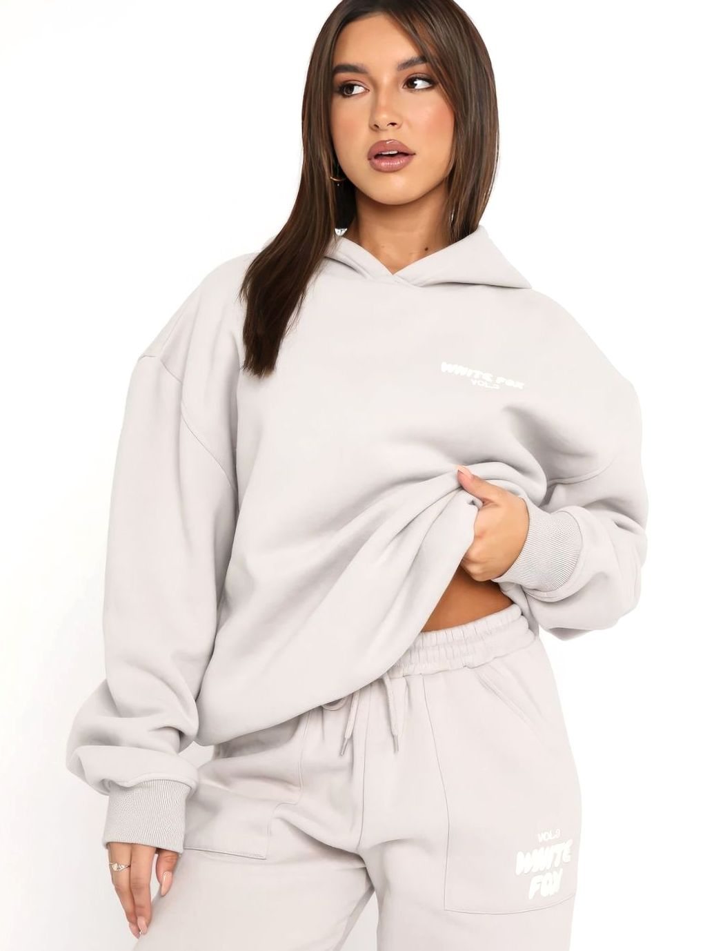 Women's Oversized Fleece Hoodie Jogger Tracksuit Set - Light Grey