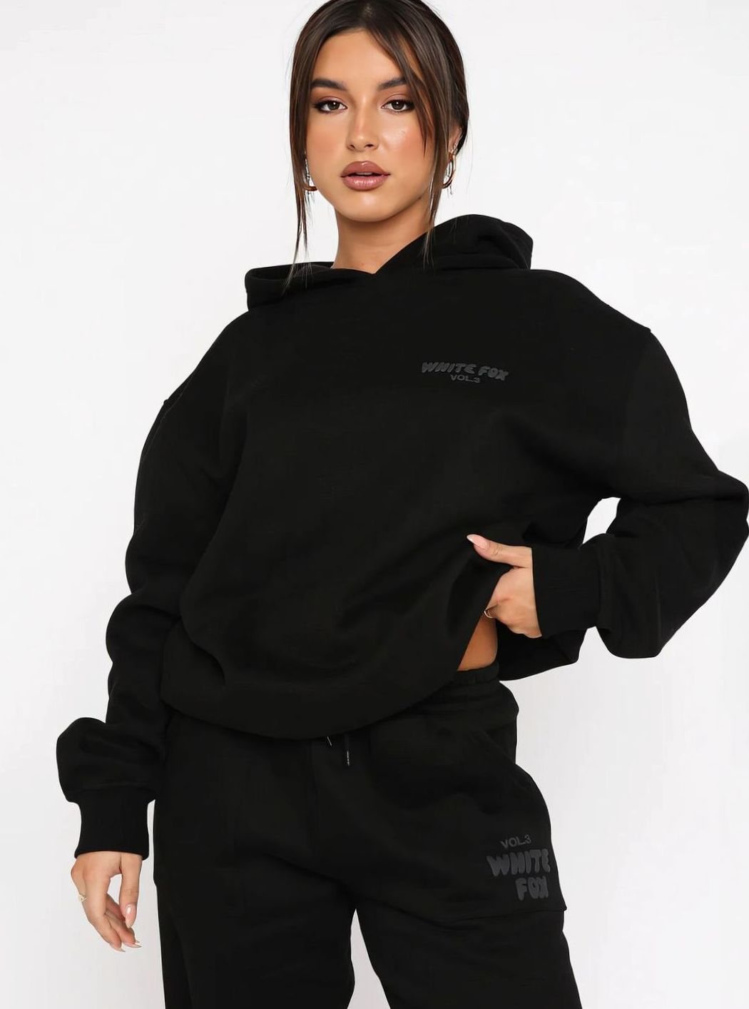 Women's Oversized Fleece Hoodie Jogger Tracksuit Set - Black