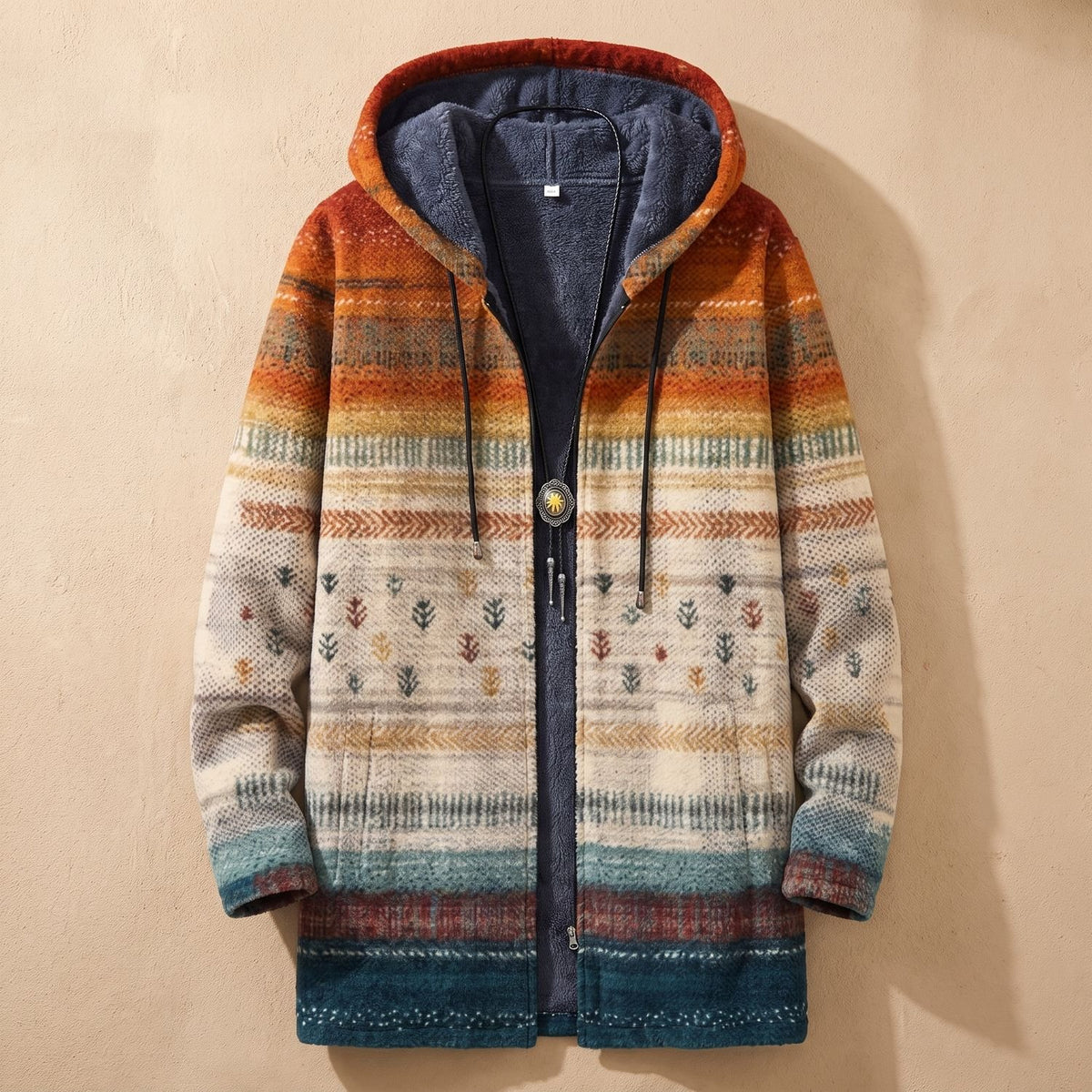 Women's Oversized Fleece-Lined Abstract Print Hooded Cardigan - Multicolor
