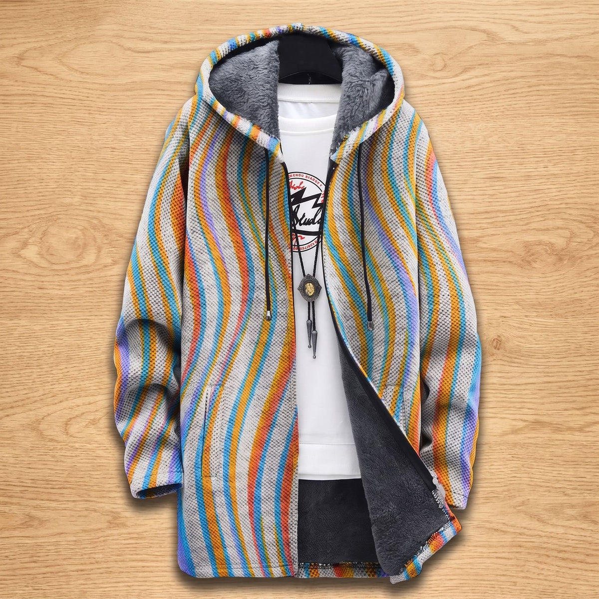 Women's Oversized Fleece-Lined Hooded Striped Cardigan - Multicolour