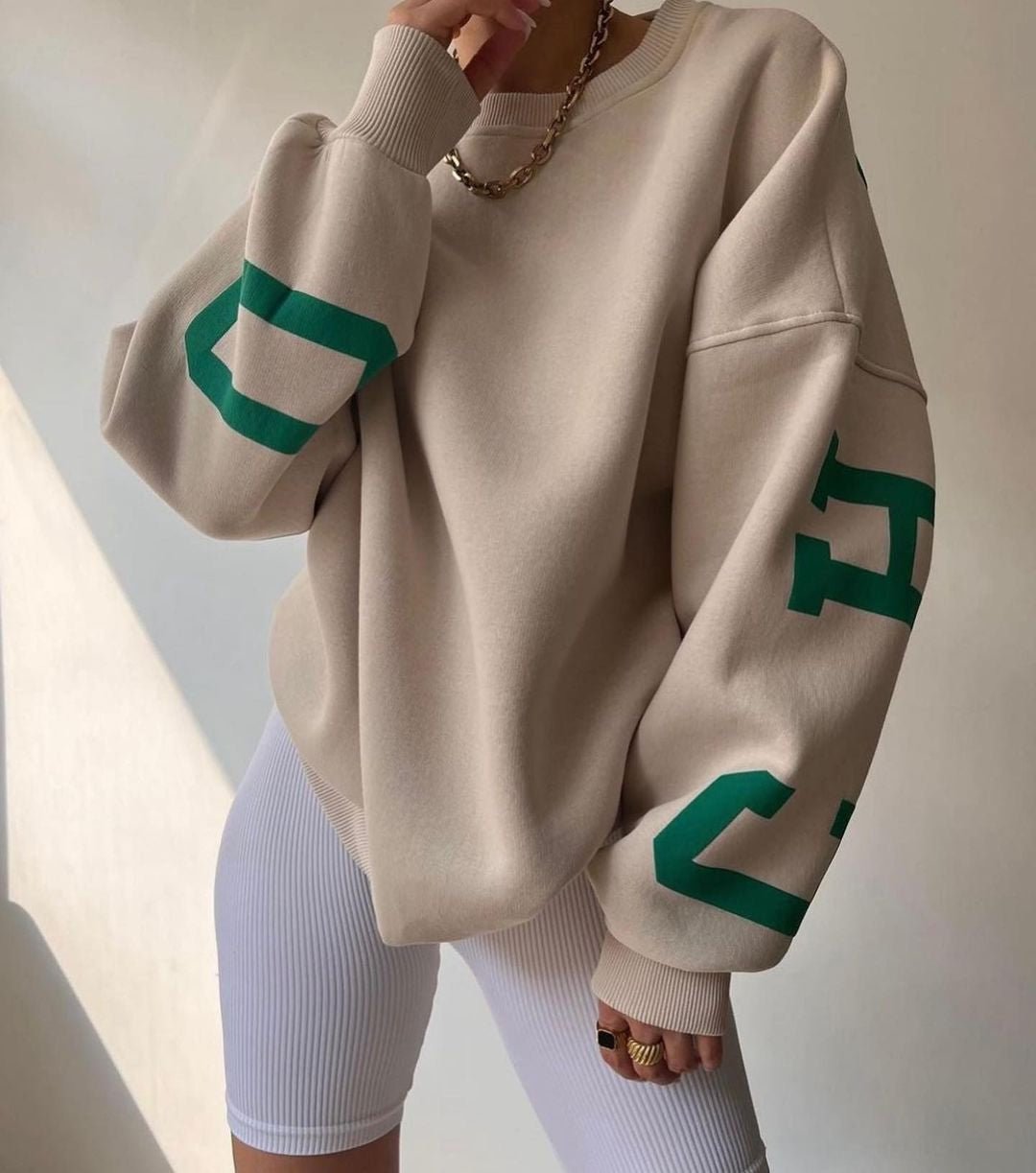 Women's Oversized Fleece-Lined Varsity Sleeve Crewneck Jumper - Khaki