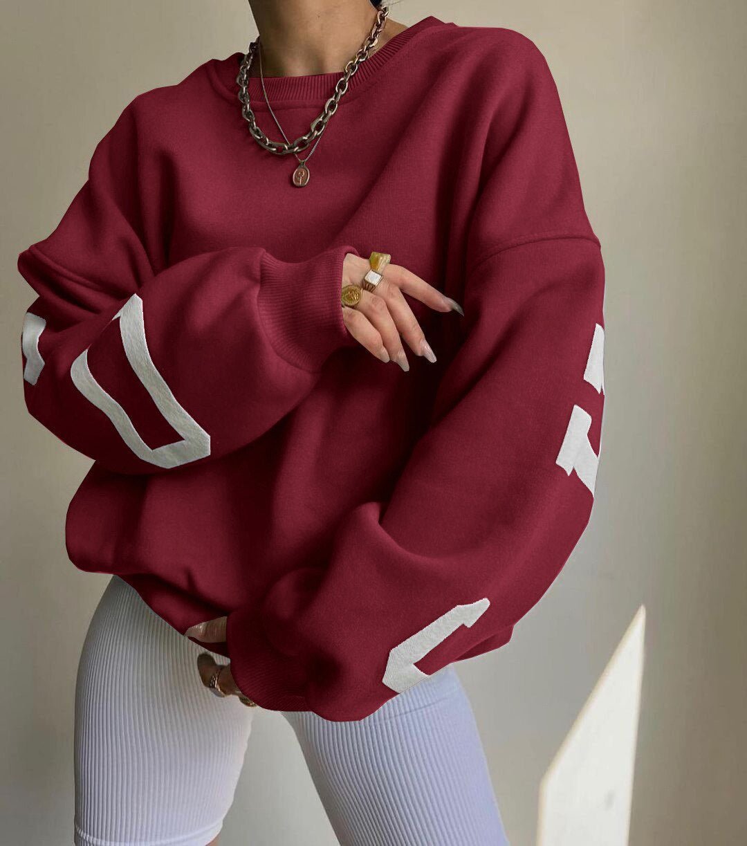Women's Oversized Fleece-Lined Varsity Sleeve Crewneck Jumper - Burgundy