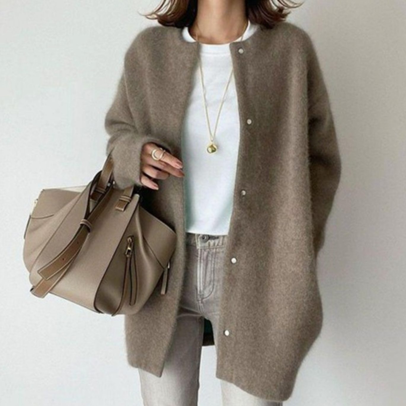 Women's Oversized Fluffy Knit Button-Down Winter Cardigan - Coffee
