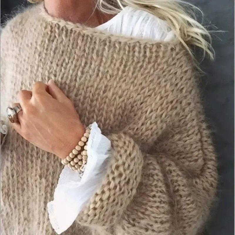 Women's Oversized Fluffy Knitted Crew-Neck Jumper - Khaki