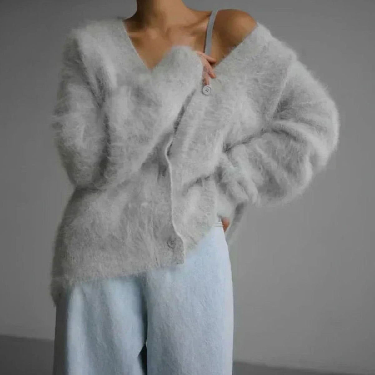 Women's Oversized Fluffy V-Neck Button-Up Cardigan - Light Grey