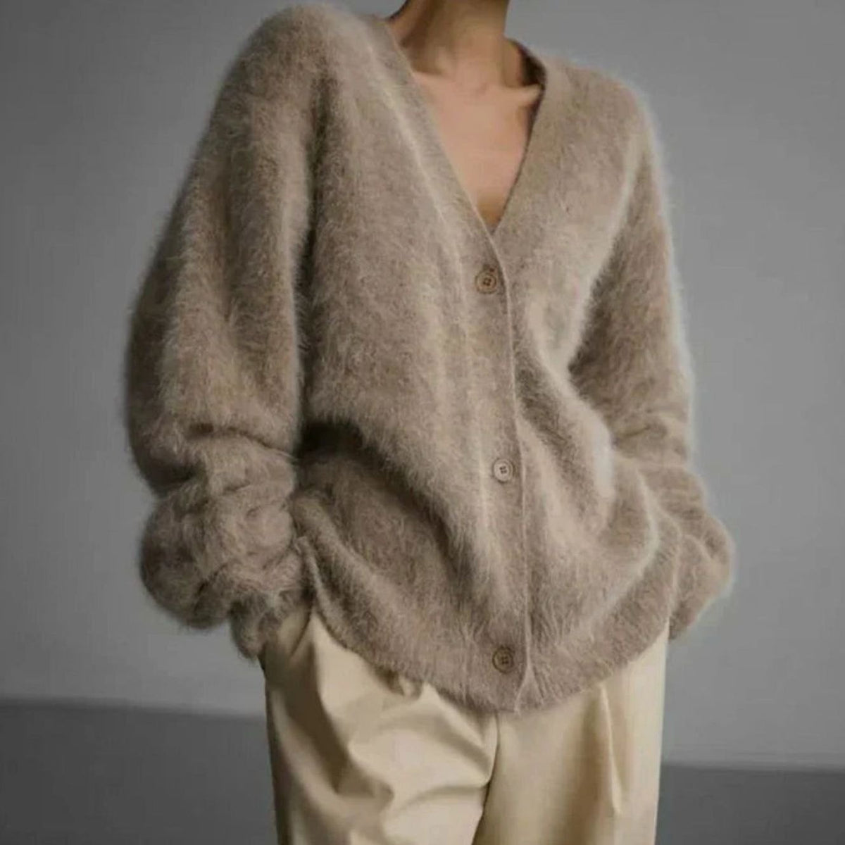 Women's Oversized Fluffy V-Neck Button-Up Cardigan