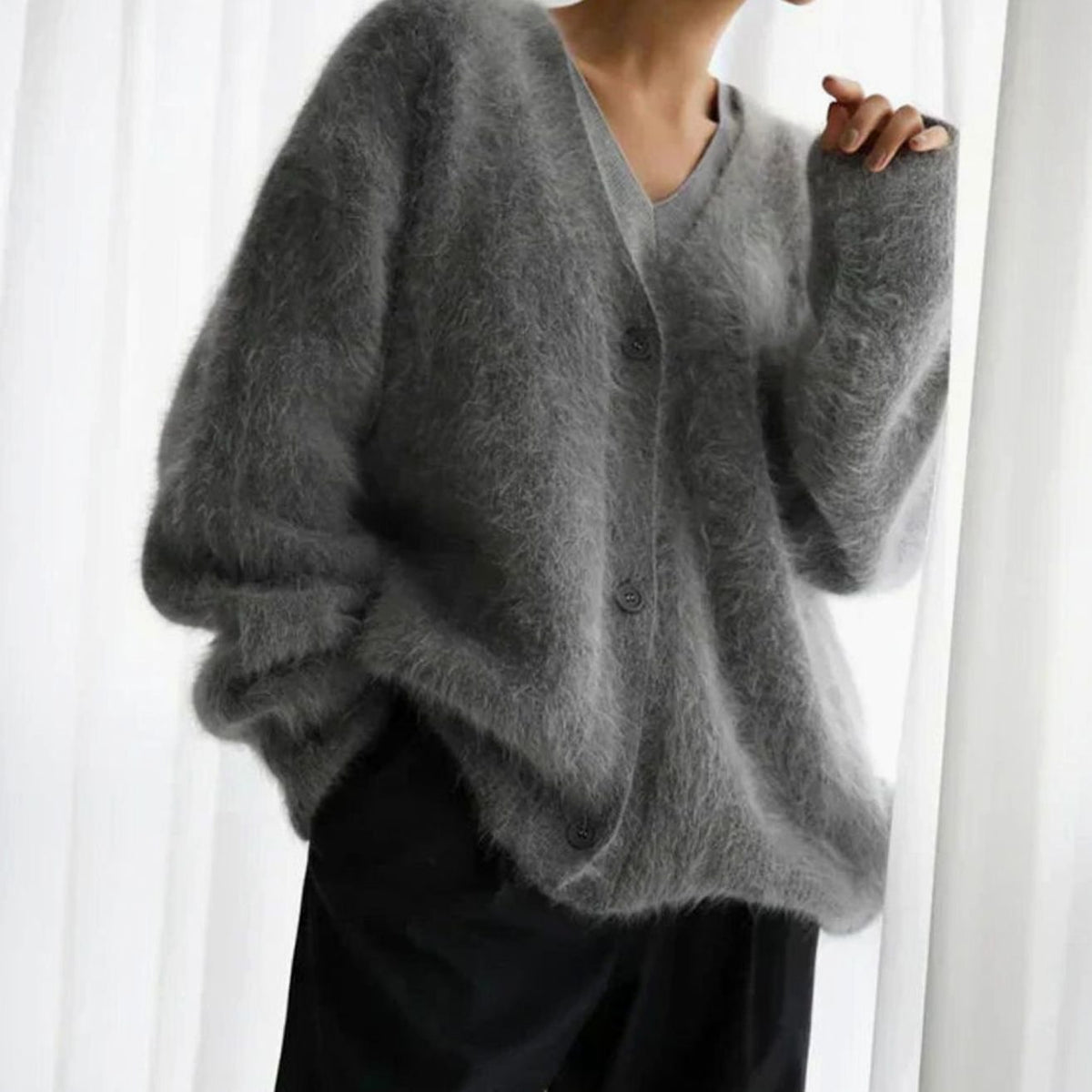 Women's Oversized Fluffy V-Neck Button-Up Cardigan