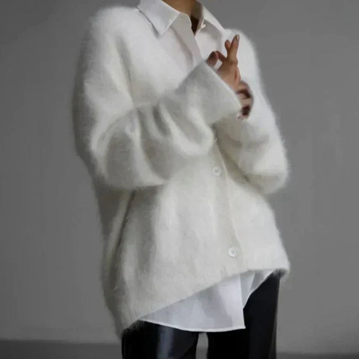 Women's Oversized Fluffy V-Neck Button-Up Cardigan - White