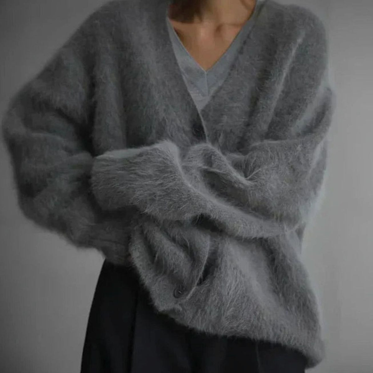 Women's Oversized Fluffy V-Neck Button-Up Cardigan - Dark Grey