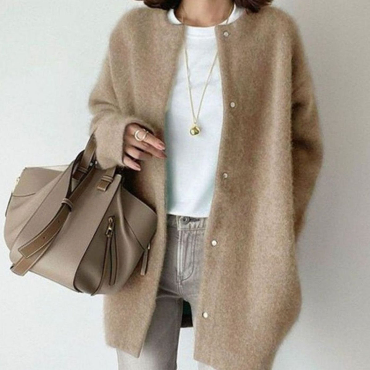 Women's Oversized Fuzzy Knit Snap-Button Cardigan - Khaki