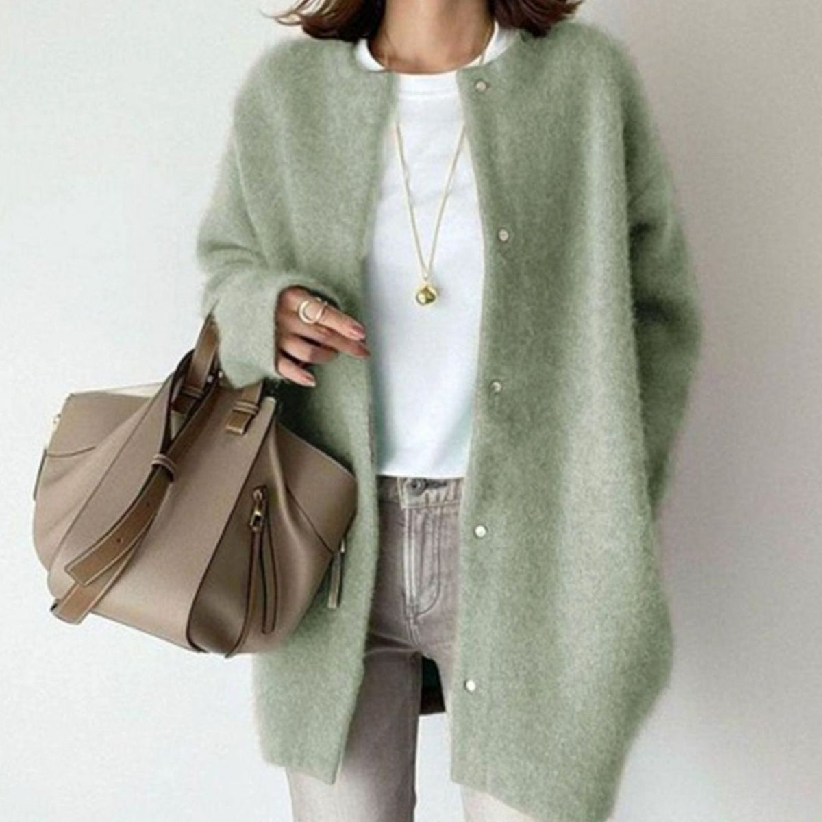 Women's Oversized Fuzzy Knit Snap-Button Cardigan - Green