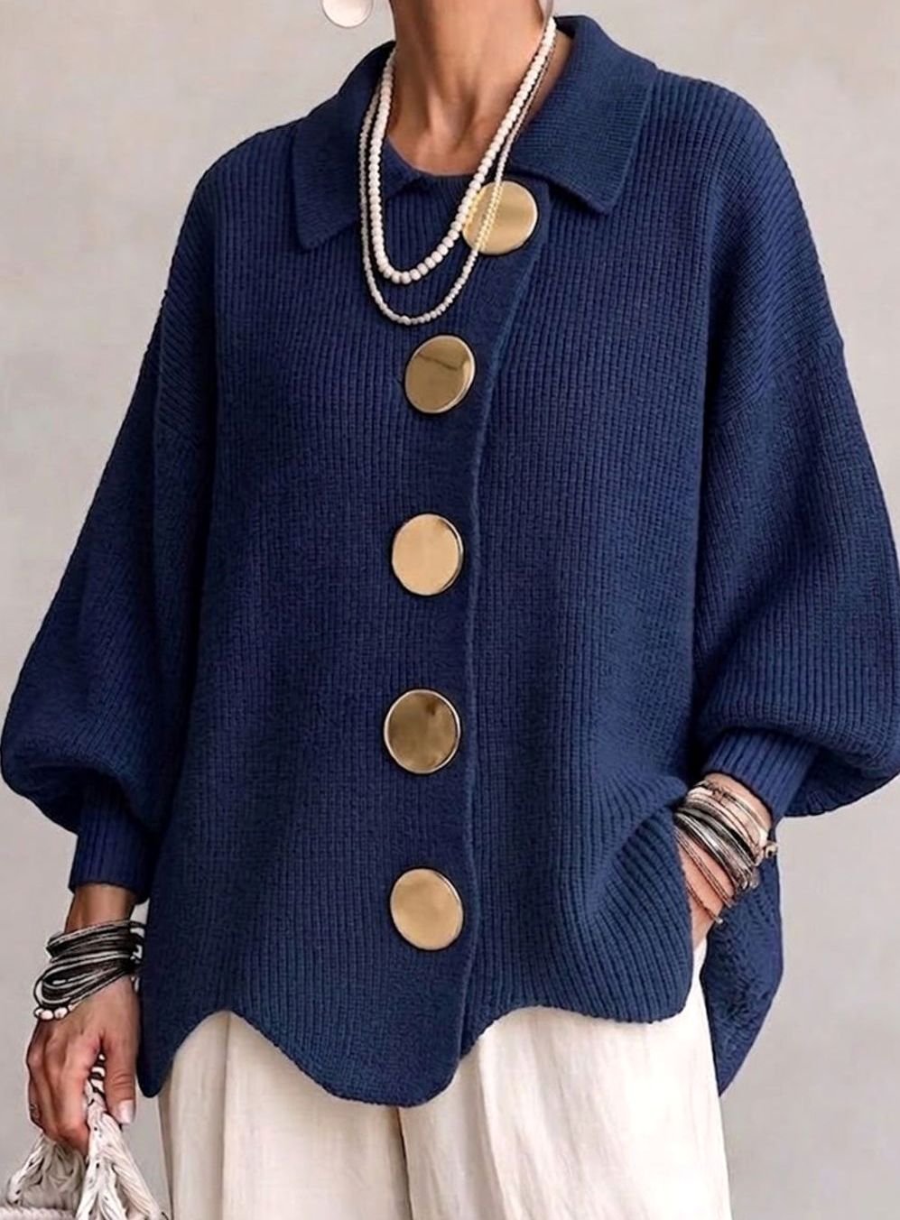 Women's Oversized Gold-Button Lantern-Sleeve Knit Cardigan - Navy Blue