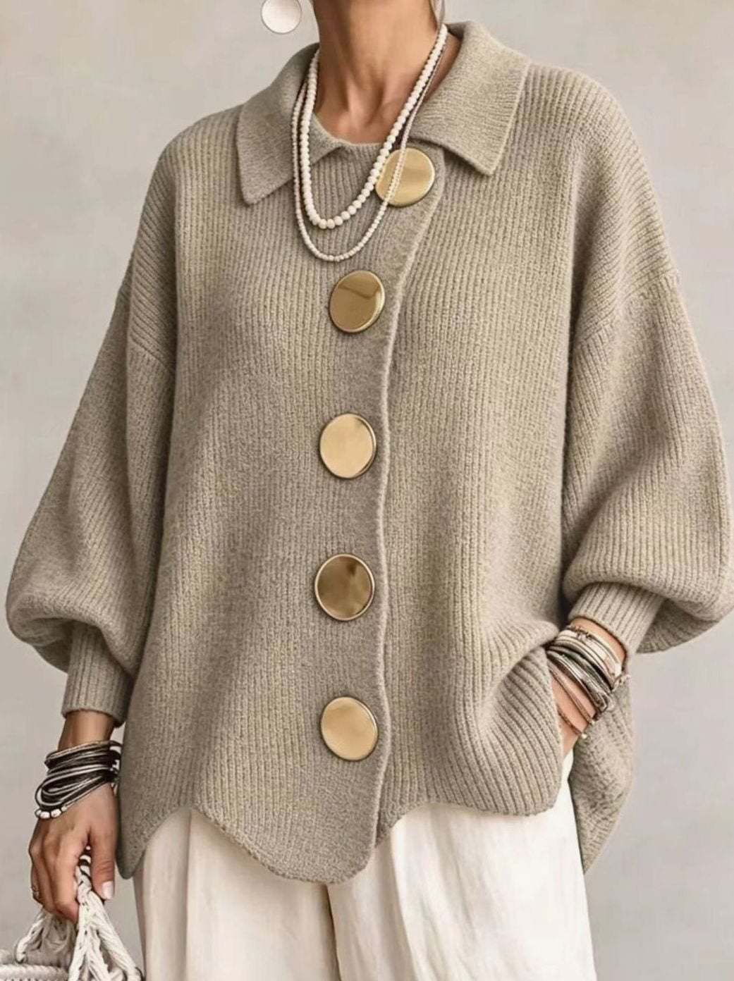 Women's Oversized Gold-Button Lantern-Sleeve Knit Cardigan - Khaki