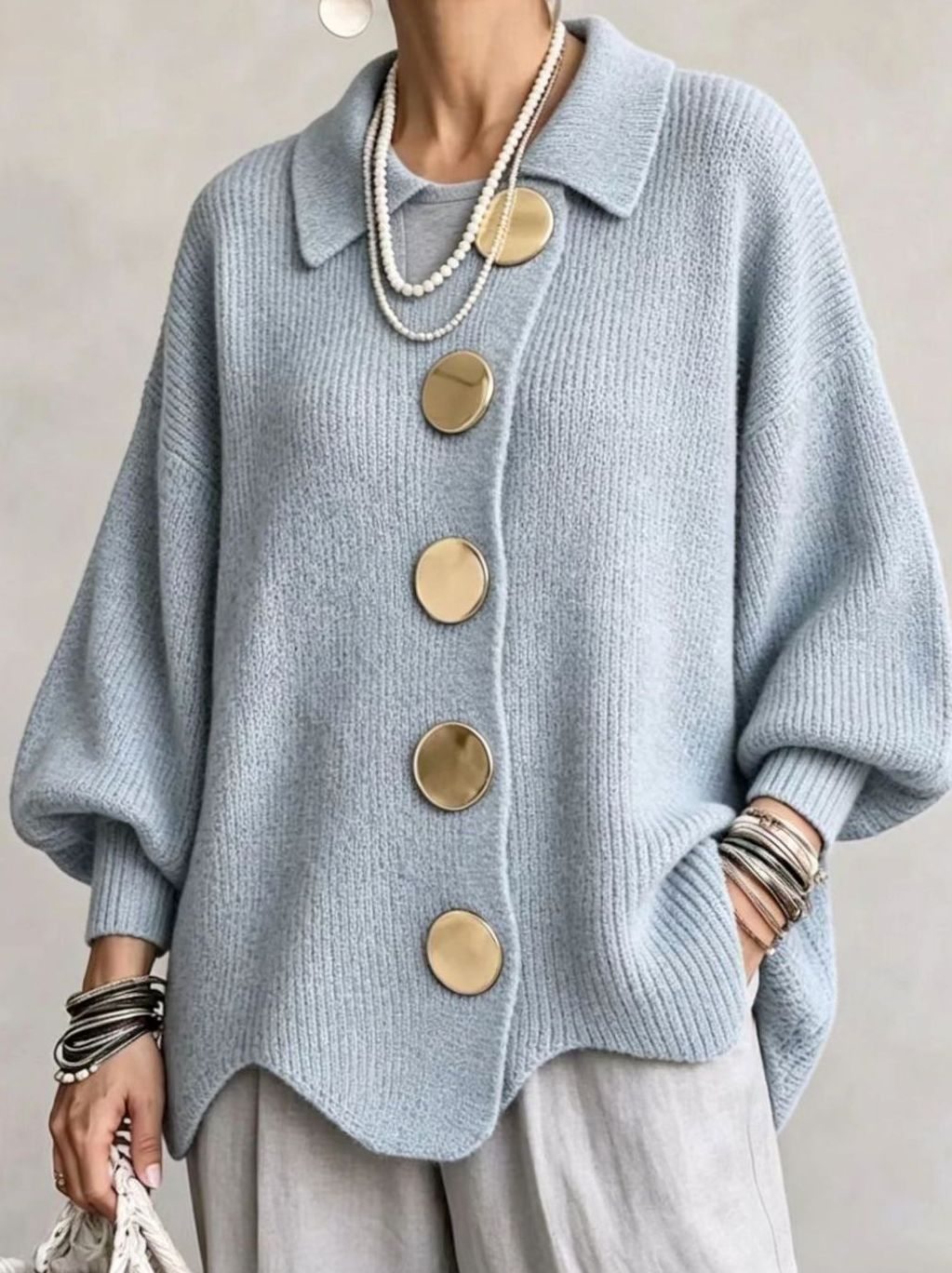 Women's Oversized Gold-Button Lantern-Sleeve Knit Cardigan - Sky Blue